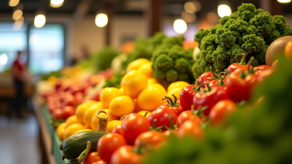 Fresh vegetables at farmers market or grocery store, including leafy greens, tomatoes, and root vegetables, natural lighting