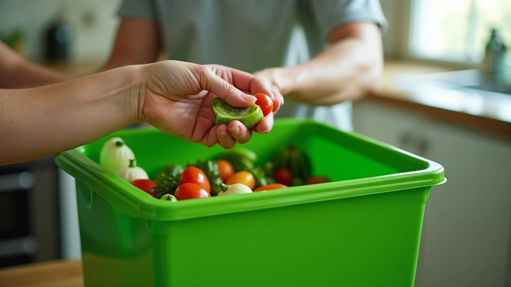 Vegetable scraps and food waste being composted in green bin, hands holding organic waste matter