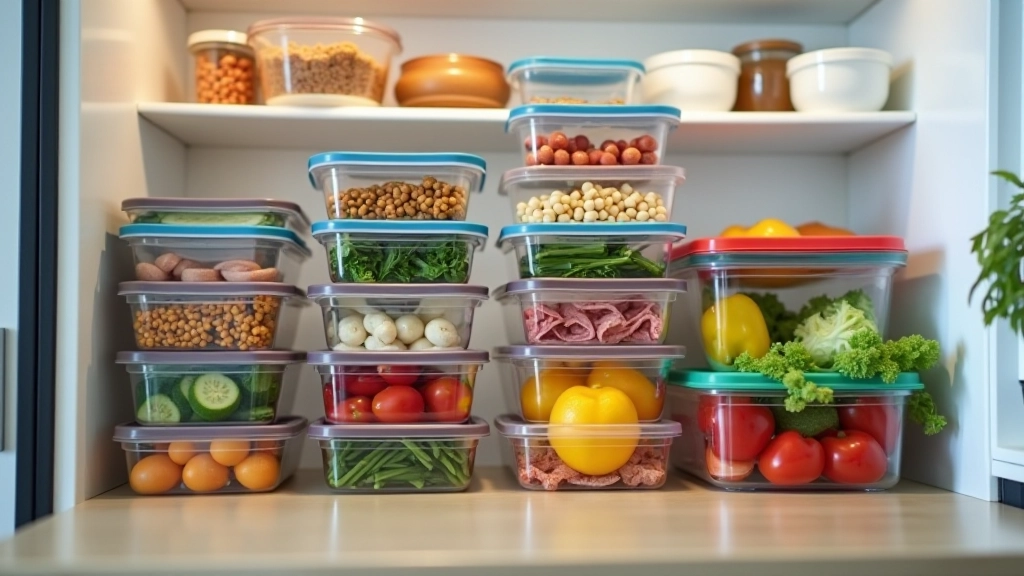Meal prep containers organized in a refrigerator with labeled portions