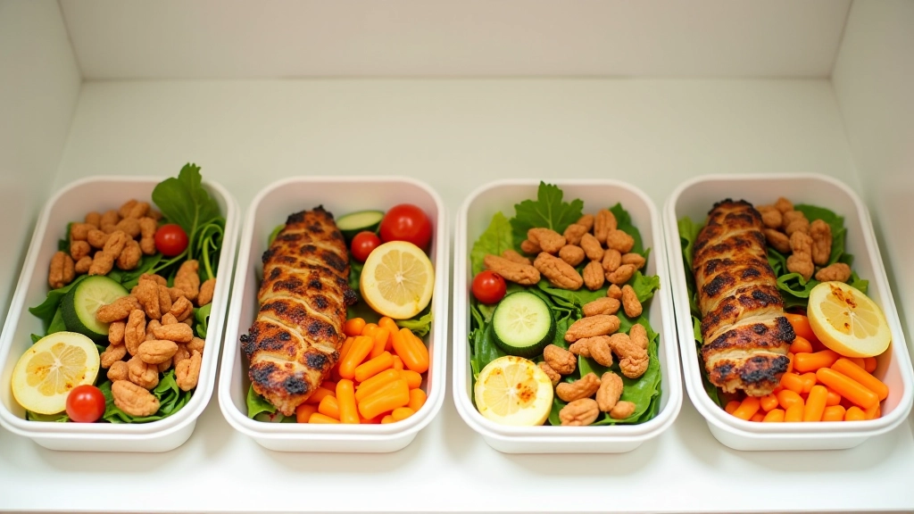 Colorful meal prep containers with grilled chicken, roasted vegetables, and rice portions for the week, organized kitchen shelf