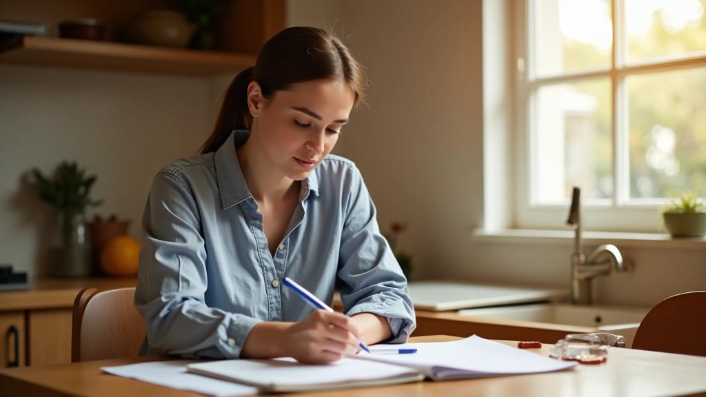 Woman reviewing grocery receipts and meal plan notebook at kitchen table, organized budget notes